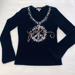 Boston Proper Black Sequin Peace Sparkly Shimmery V Neck Sweater / Top Sm NWOT